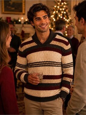 Murano Cream Cable-Knit V-Neck Sweater with Burgundy & Dark Green Stripes